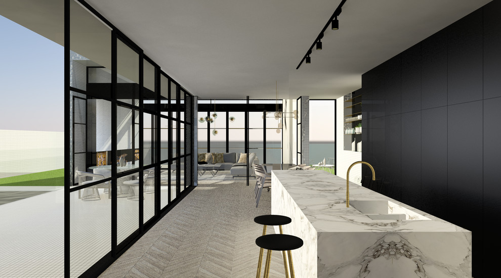 Idee per una cucina moderna di medie dimensioni con lavello integrato, ante con riquadro incassato, ante nere, top in marmo, paraspruzzi in marmo, elettrodomestici neri, parquet chiaro e pavimento beige