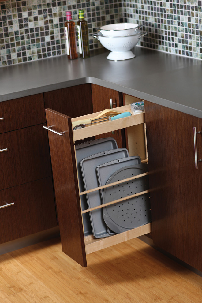 Inspiration for a large contemporary l-shaped light wood floor eat-in kitchen remodel in Minneapolis with an undermount sink, flat-panel cabinets, medium tone wood cabinets, quartzite countertops, multicolored backsplash, mosaic tile backsplash, stainless steel appliances and an island