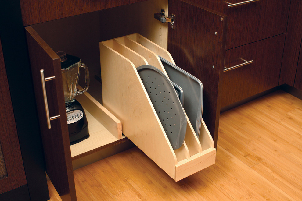 Inspiration for a large contemporary l-shaped light wood floor eat-in kitchen remodel in Minneapolis with an undermount sink, flat-panel cabinets, medium tone wood cabinets, quartzite countertops, multicolored backsplash, mosaic tile backsplash, stainless steel appliances and an island
