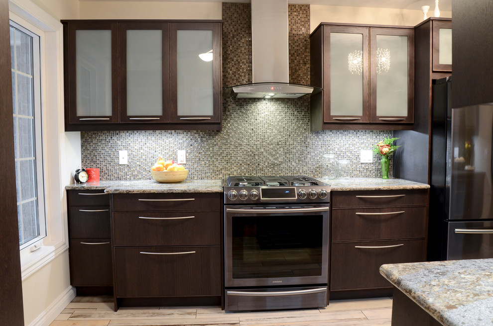 Medium sized traditional galley kitchen in Ottawa with a submerged sink, glass-front cabinets, brown cabinets, engineered stone countertops, brown splashback, glass sheet splashback, stainless steel appliances and porcelain flooring.