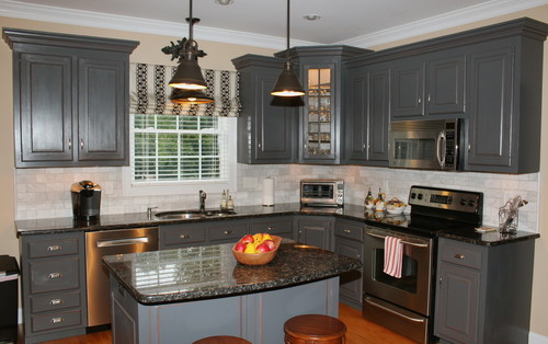 grey cabinets with black counters