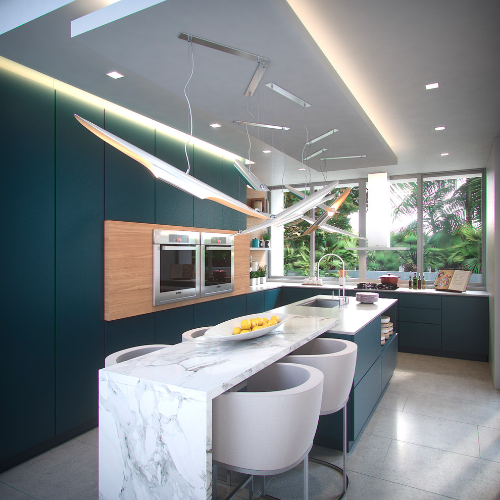 Mid-sized trendy l-shaped light wood floor enclosed kitchen photo in Miami with an undermount sink, flat-panel cabinets, blue cabinets, marble countertops, stainless steel appliances and an island