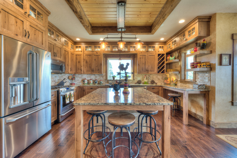 Kitchen - rustic u-shaped medium tone wood floor and brown floor kitchen idea in Other with a farmhouse sink, shaker cabinets, medium tone wood cabinets, multicolored backsplash, mosaic tile backsplash, stainless steel appliances, an island and multicolored countertops