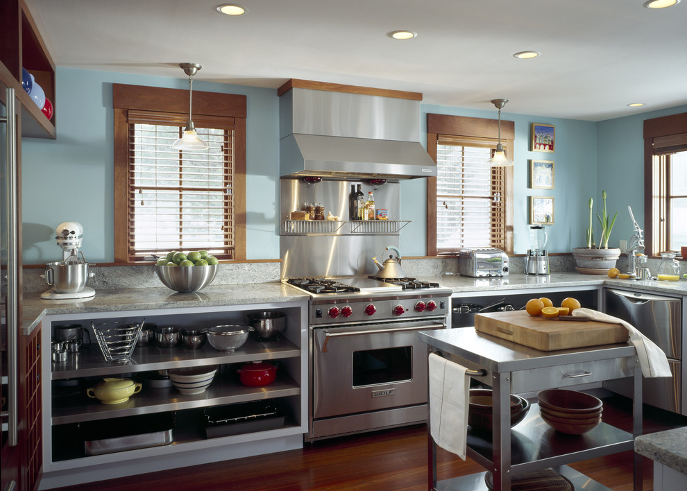 Inspiration for a contemporary kitchen remodel in Boston with stainless steel appliances and open cabinets