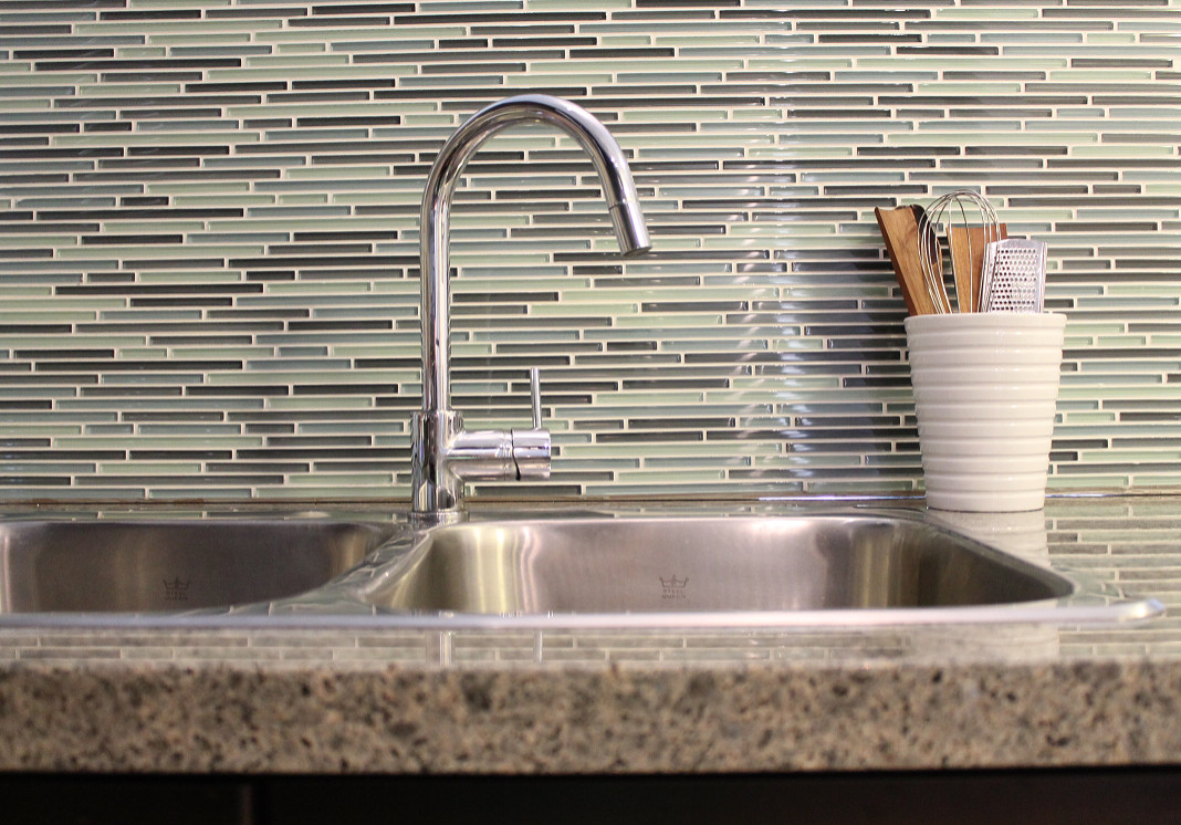 linear glass tile backsplash