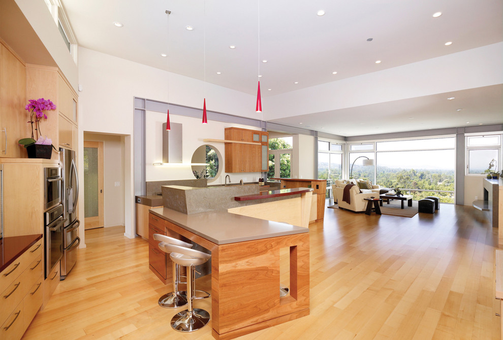 This is an example of a contemporary open plan kitchen in Los Angeles with stainless steel appliances, flat-panel cabinets and light wood cabinets.