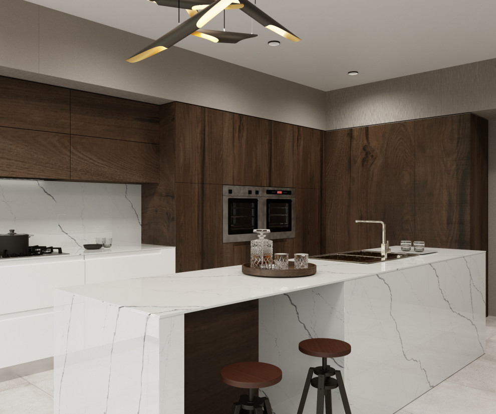 Inredning av ett modernt mellanstort vit vitt kök och matrum, med en undermonterad diskho, bruna skåp, bänkskiva i kvarts, vitt stänkskydd, svarta vitvaror, en köksö och grått golv