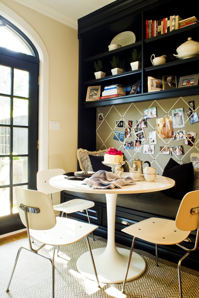 Ornate eat-in kitchen photo in Toronto with open cabinets and black cabinets