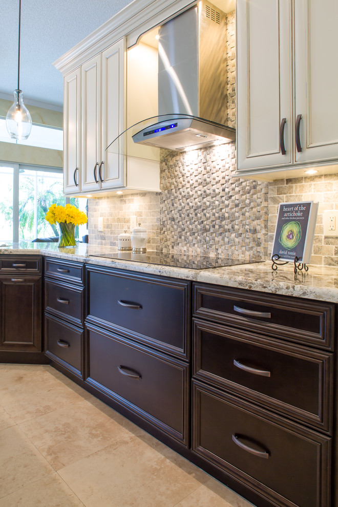 Large elegant u-shaped eat-in kitchen photo in Miami with an undermount sink, flat-panel cabinets, white cabinets, quartzite countertops, beige backsplash, stone tile backsplash, stainless steel appliances and an island