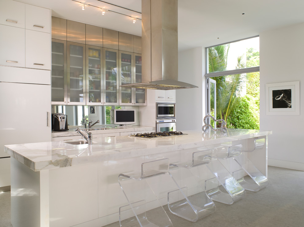 На фото: кухня в современном стиле с техникой под мебельный фасад и телевизором с