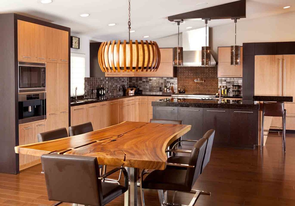 Huge trendy l-shaped medium tone wood floor and brown floor eat-in kitchen photo in Las Vegas with an undermount sink, flat-panel cabinets, marble countertops, brown backsplash, porcelain backsplash, stainless steel appliances, an island and brown countertops