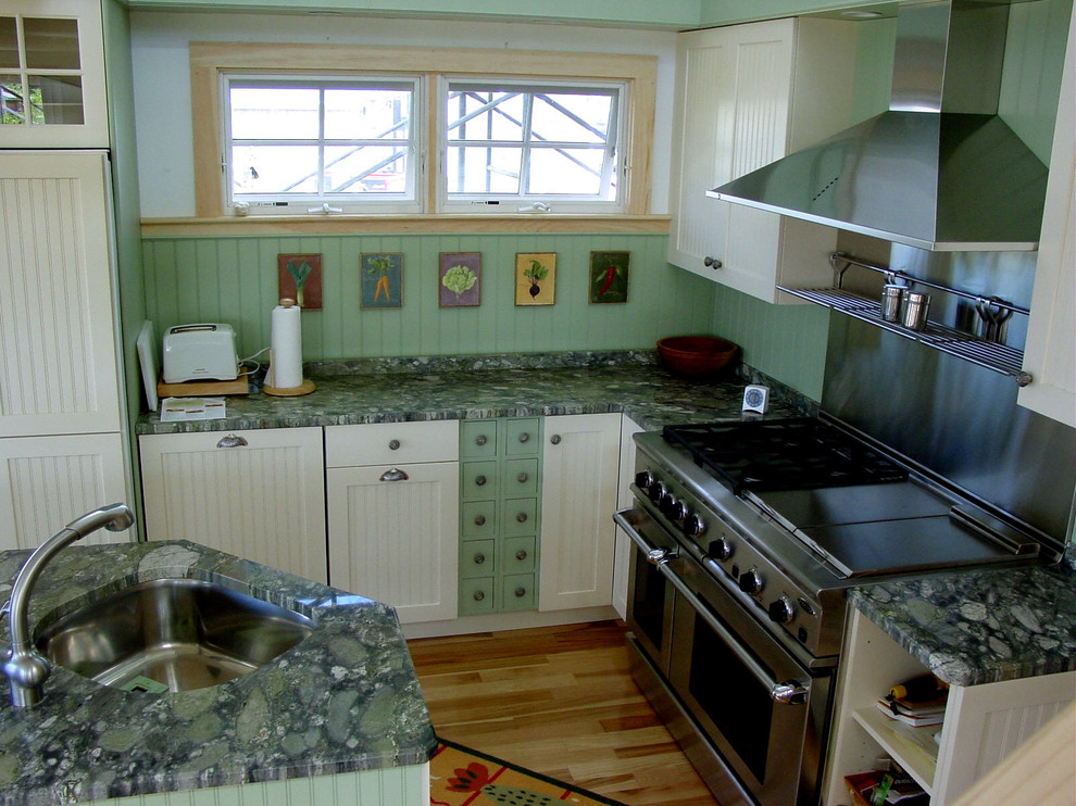 This is an example of a nautical kitchen in Portland Maine.