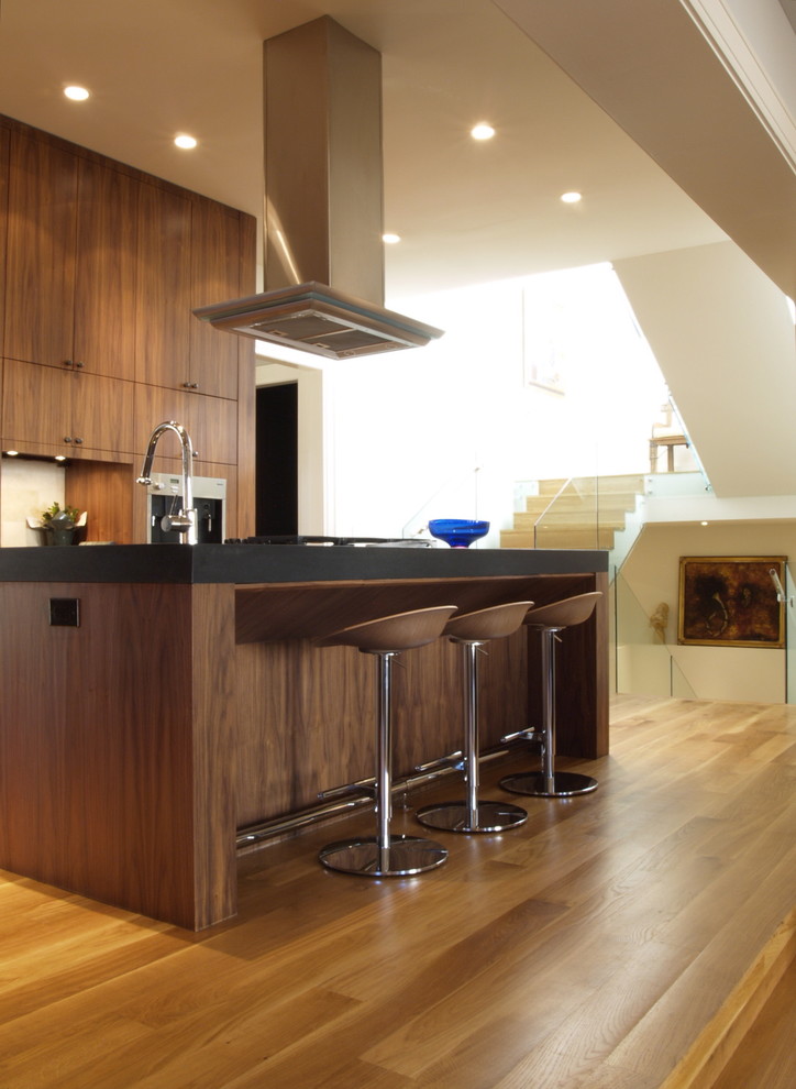 Источник вдохновения для домашнего уюта: кухня в современном стиле с плоскими фасадами, темными деревянными фасадами и барной стойкой