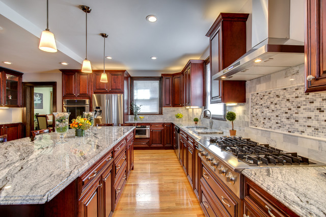 Viscont White Granite Countertops With Cherry Cabinets Contemporary Kitchen Boston By Stone Projects Houzz