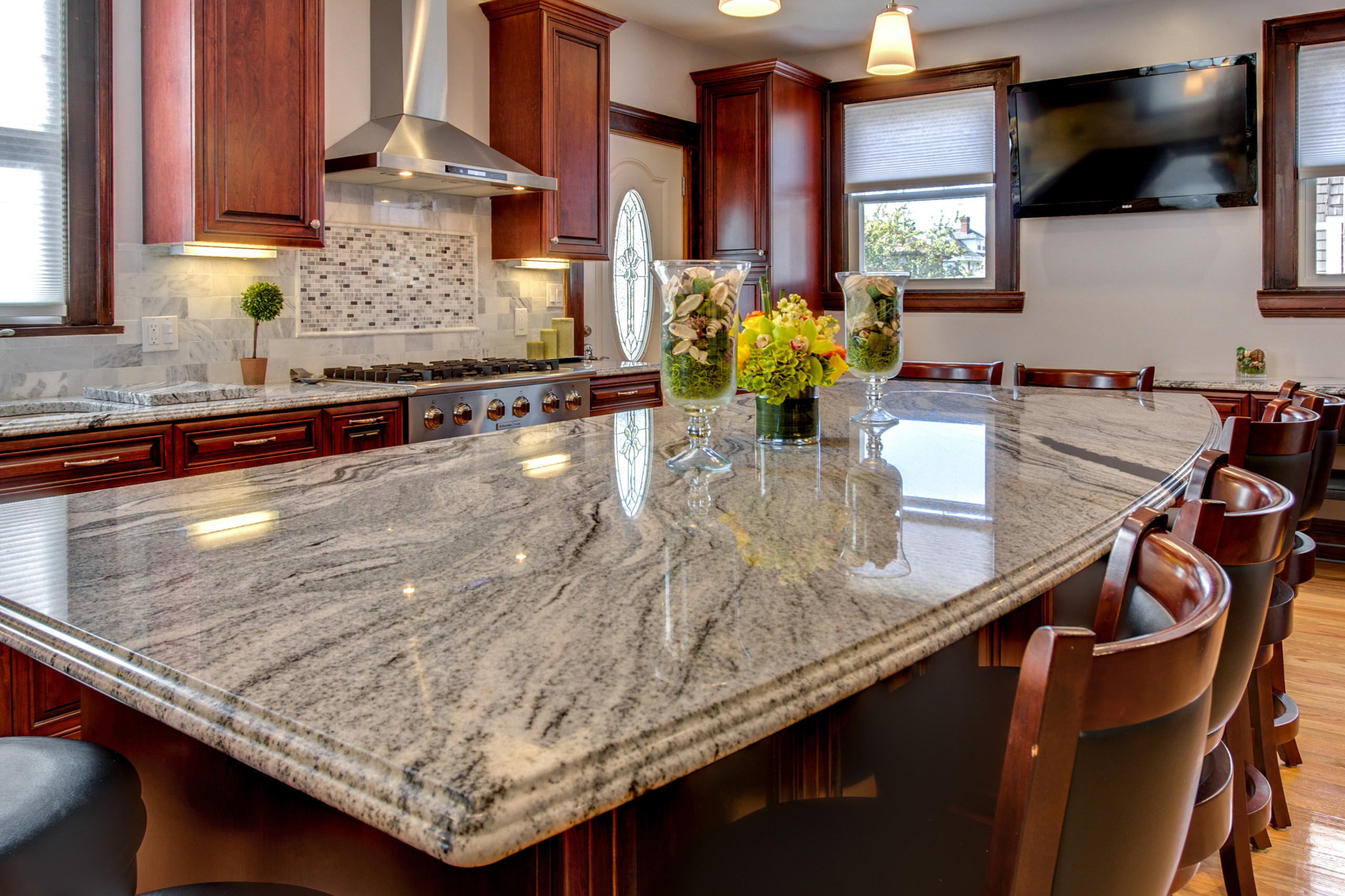 Viscont White Granite Countertops With Cherry Cabinets Contemporary Kitchen Boston By Stone Projects Houzz