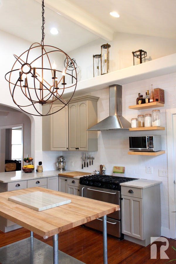 Inspiration for a medium sized farmhouse kitchen/diner in Austin with multiple islands.