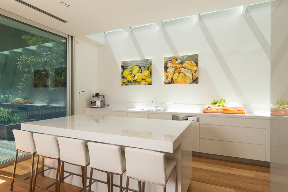 Offene, Einzeilige Moderne Küche mit Unterbauwaschbecken, flächenbündigen Schrankfronten, weißen Schränken, Granit-Arbeitsplatte, Küchenrückwand in Weiß, hellem Holzboden und Kücheninsel in Sydney
