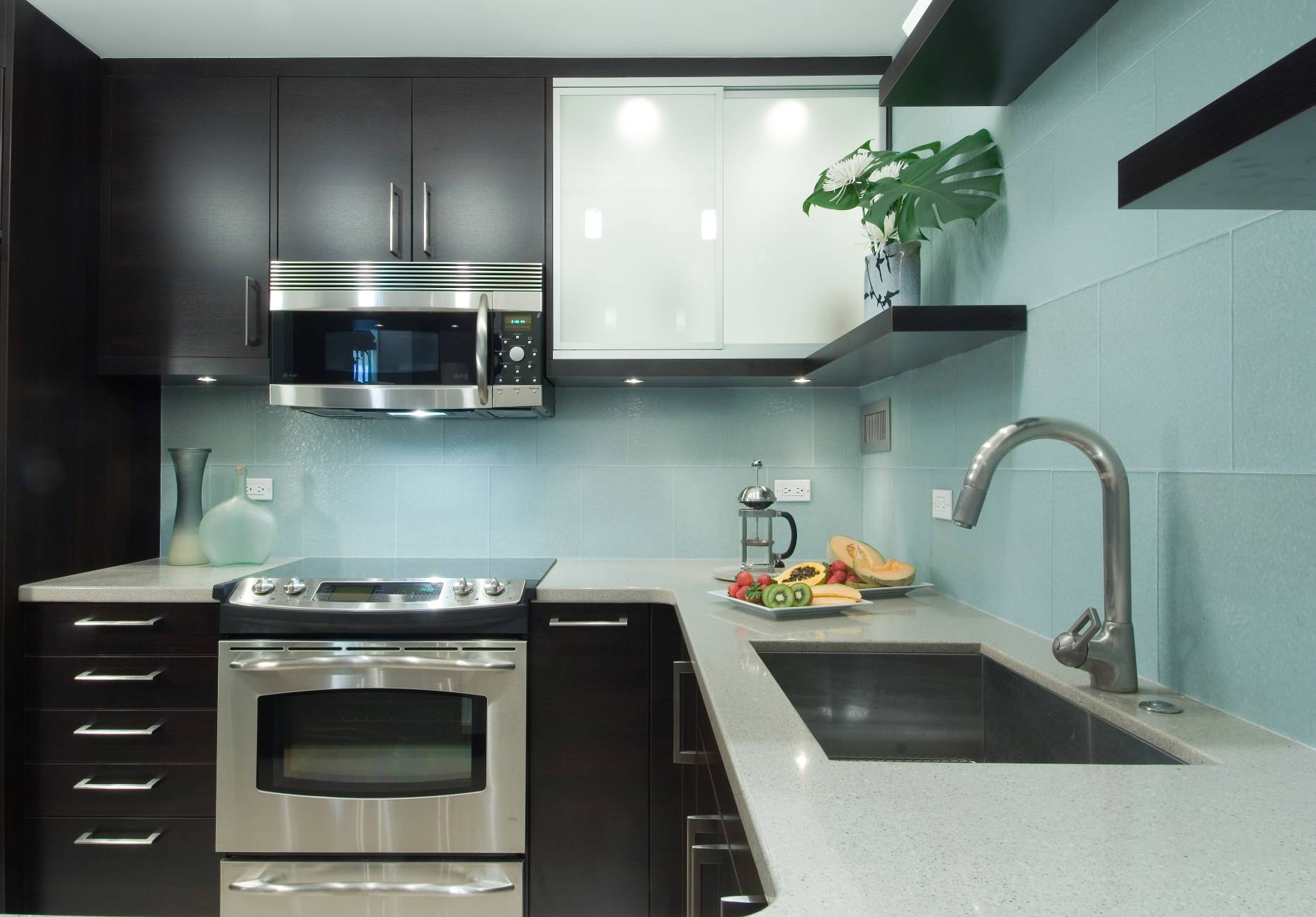 aqua glass tile backsplash