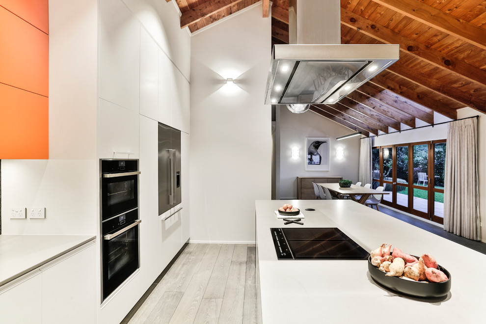 Immagine di una cucina abitabile minimal di medie dimensioni con pavimento in legno verniciato e pavimento grigio