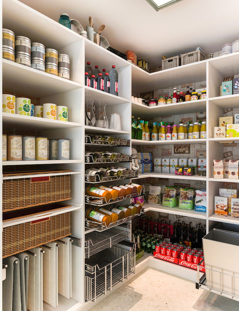 Inspiration for a mid-sized modern l-shaped kitchen pantry remodel in Los Angeles with white cabinets and open cabinets