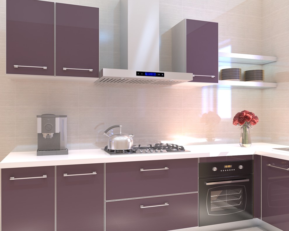 Imagen de cocina minimalista grande con electrodomésticos de acero inoxidable
