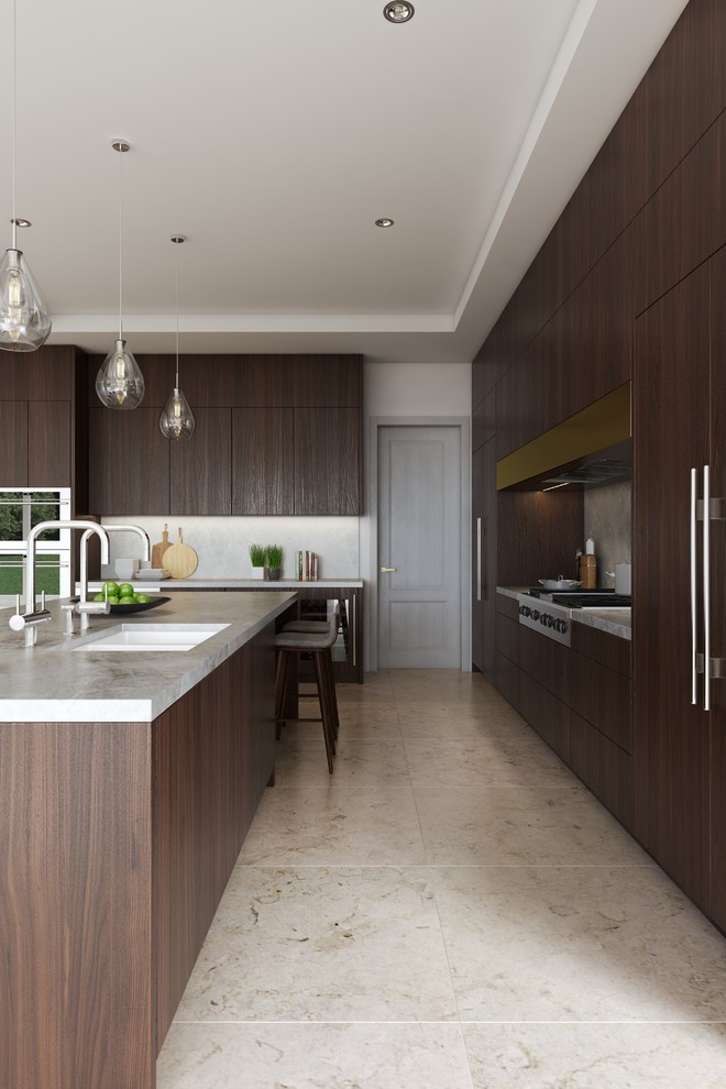 Huge trendy l-shaped travertine floor and multicolored floor eat-in kitchen photo in Los Angeles with a double-bowl sink, flat-panel cabinets, dark wood cabinets, terrazzo countertops, gray backsplash, stone slab backsplash, paneled appliances, an island and multicolored countertops