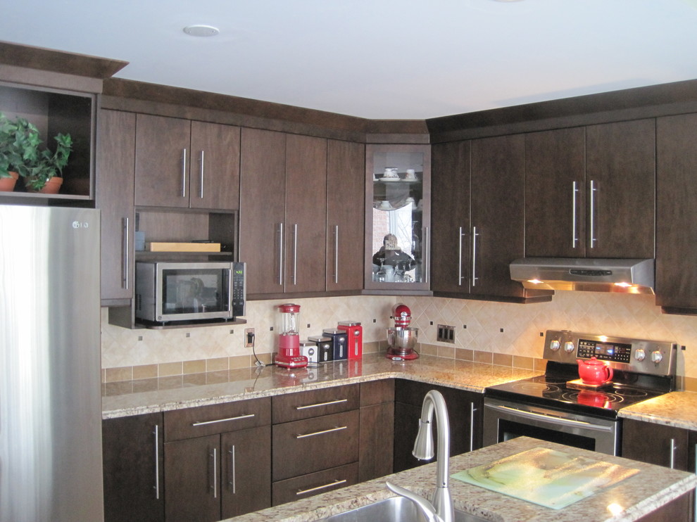Walnut kitchen cupboards with corner glass cabinet - Modern - Kitchen ...