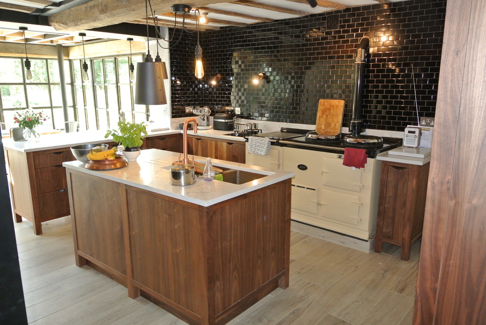 Urban l-shaped eat-in kitchen photo in Oxfordshire with an island