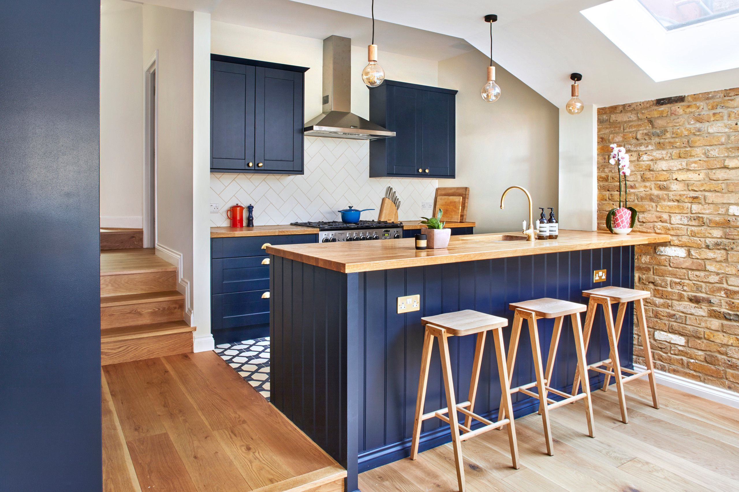 Blue, Wood and Brick Bring Charm to a London Kitchen