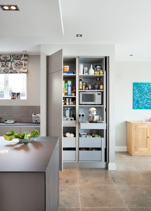 Contemporary Grey Kitchen with Multifunctional Kitchen Storage Cabinet Solutions