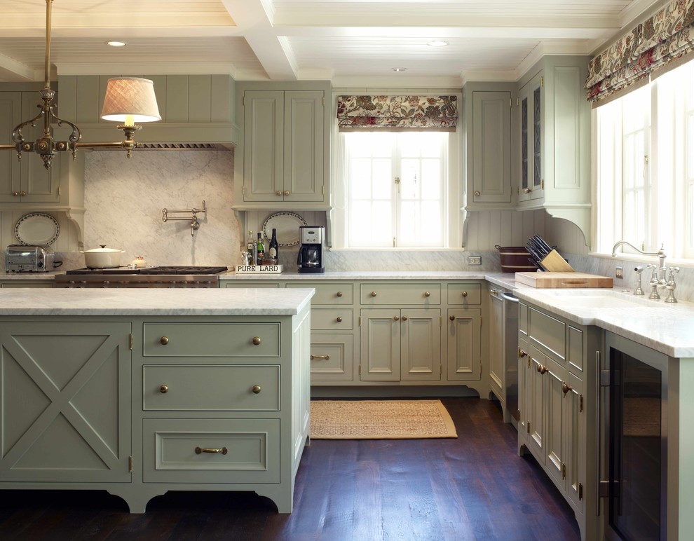 Kitchen - traditional kitchen idea in Seattle with marble countertops, green cabinets, white backsplash and marble backsplash