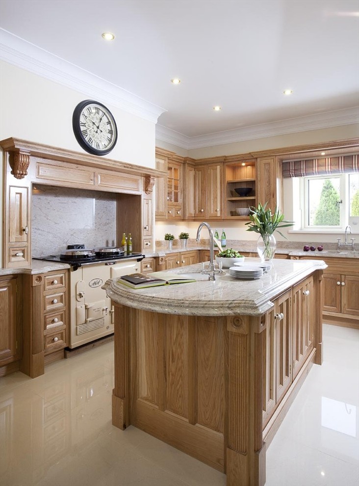 Photo of a classic kitchen in Other with an island, white floors and grey worktops.