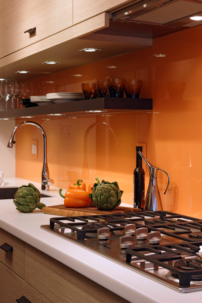 Photo of a small contemporary galley kitchen/diner in DC Metro with flat-panel cabinets, no island, a submerged sink, light wood cabinets, quartz worktops, orange splashback, stainless steel appliances, dark hardwood flooring and glass sheet splashback.