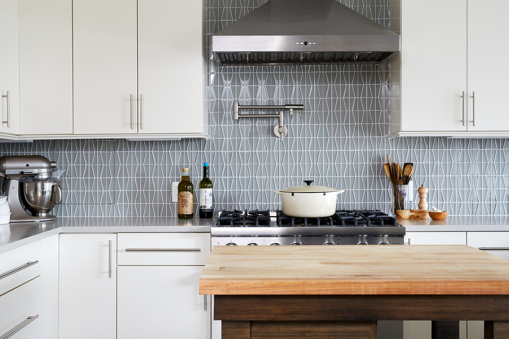 Kitchen - mid-sized contemporary u-shaped medium tone wood floor kitchen idea in DC Metro with flat-panel cabinets, white cabinets, gray backsplash and an island