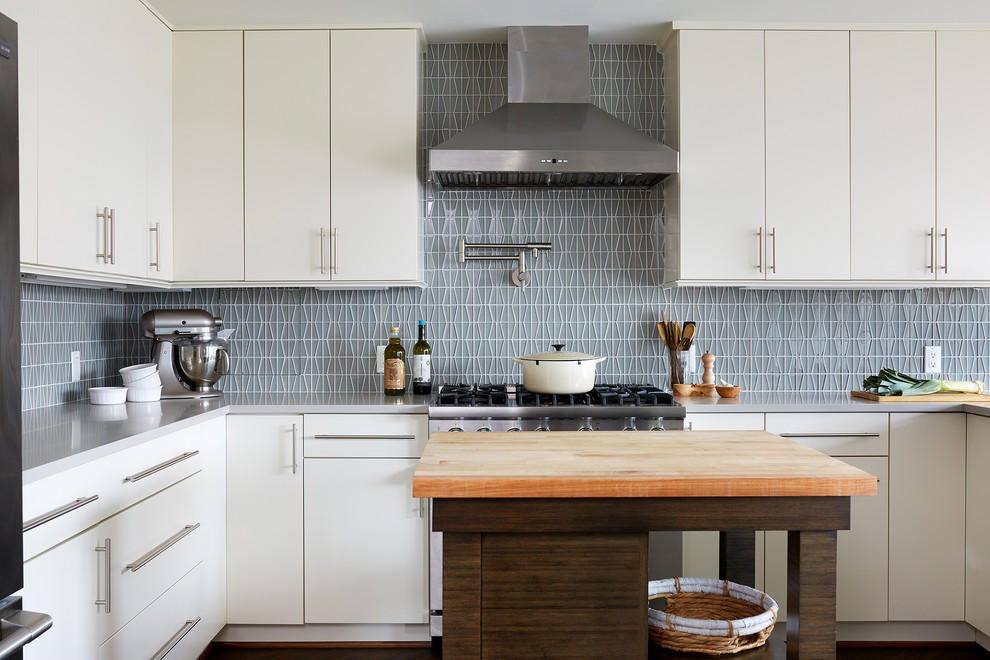 Foto på ett mellanstort funkis u-kök, med släta luckor, vita skåp, en köksö och flerfärgad stänkskydd