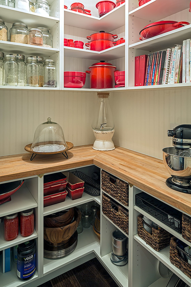 Design ideas for a medium sized classic l-shaped kitchen pantry in Toronto with white cabinets, wood worktops, open cabinets and dark hardwood flooring.