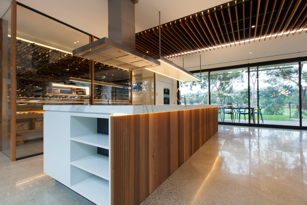 Идея дизайна: кухня в современном стиле с фасадами цвета дерева среднего тона, бетонным полом и островом