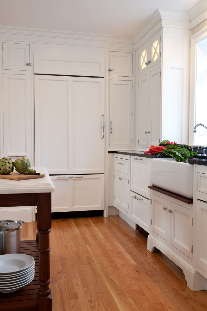 Elegant kitchen photo in Boston with a farmhouse sink