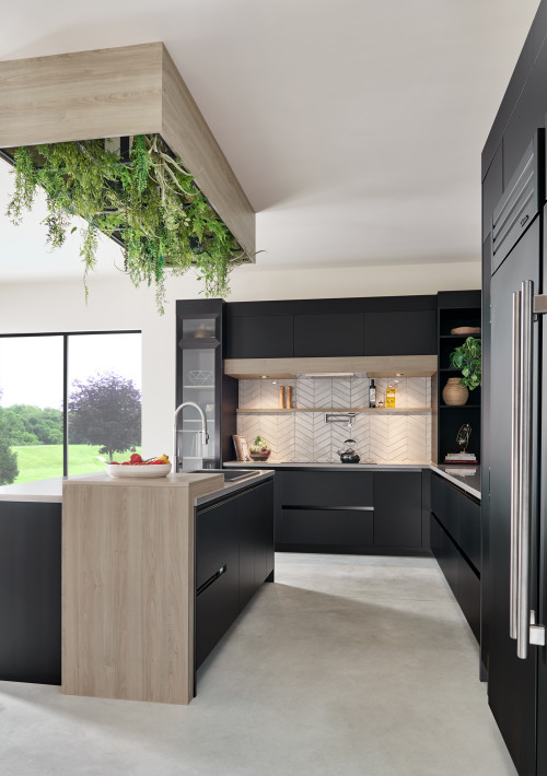 Elegant Black Modern Cabinets with Wood Finishes and White Countertop: Inspirational Ideas