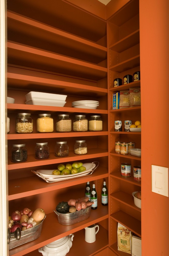 Cette image montre une arrière-cuisine design avec un placard sans porte et des portes de placard oranges.