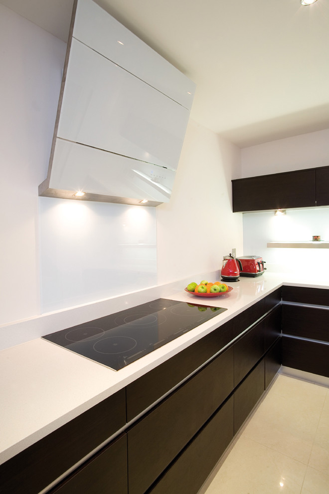 Moderne Küche mit flächenbündigen Schrankfronten und dunklen Holzschränken in Sonstige