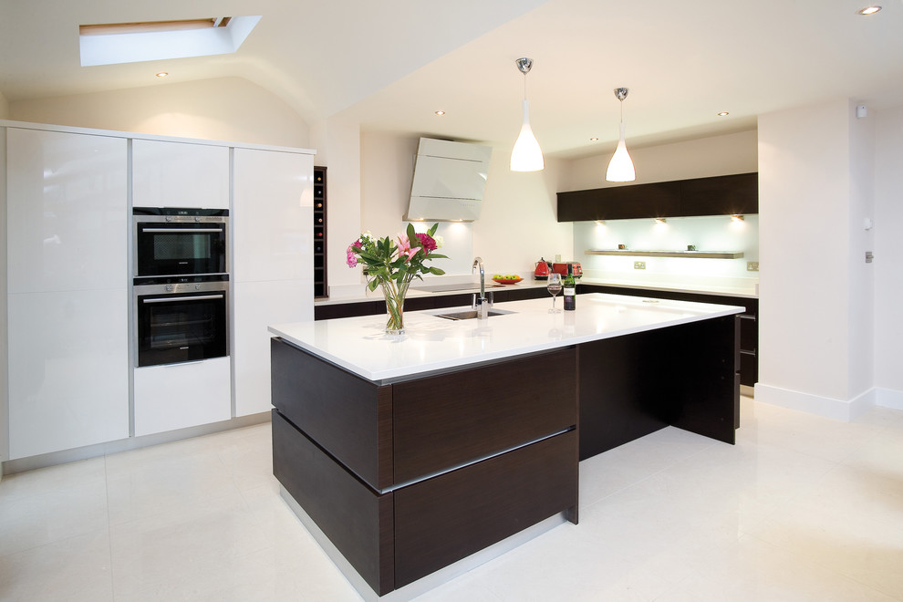 This is an example of a contemporary kitchen in Other with flat-panel cabinets, dark wood cabinets and white floors.