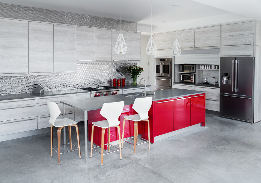 Inspiration for a mid-sized modern l-shaped open concept kitchen remodel in Bridgeport with flat-panel cabinets, medium tone wood cabinets, concrete countertops and an island