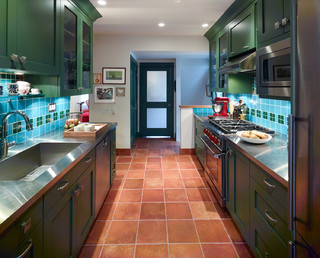 75 Terra-Cotta Tile Kitchen with Blue Cabinets Ideas You'll Love - March,  2024