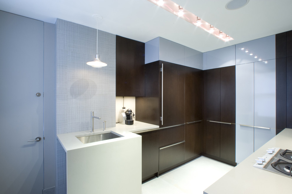 Photo of a modern galley enclosed kitchen in New York with a single-bowl sink, flat-panel cabinets, dark wood cabinets and integrated appliances.