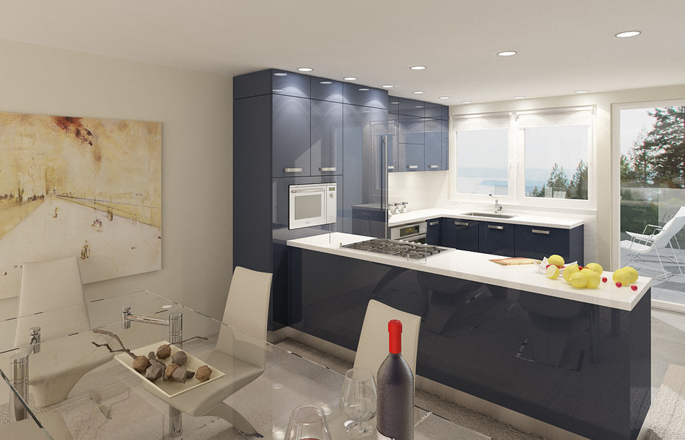 Eat-in kitchen - mid-sized modern u-shaped porcelain tile eat-in kitchen idea in Vancouver with a single-bowl sink, glass-front cabinets, stainless steel cabinets, quartz countertops, white backsplash, glass sheet backsplash, stainless steel appliances and no island