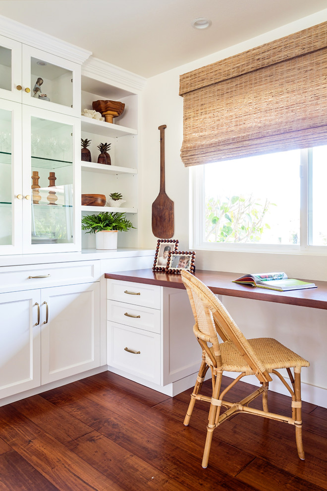 Huge beach style galley medium tone wood floor and brown floor eat-in kitchen photo in Los Angeles with an undermount sink, shaker cabinets, white cabinets, quartzite countertops, white backsplash, subway tile backsplash, paneled appliances, an island and white countertops