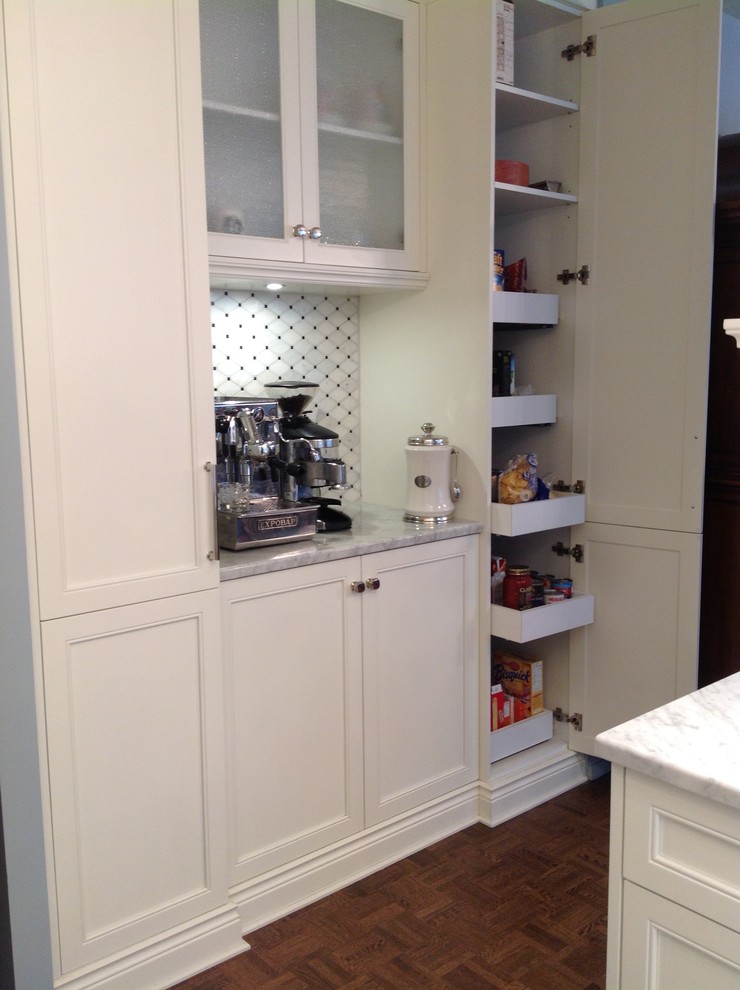 Small classic galley enclosed kitchen in Montreal with a belfast sink, shaker cabinets, white cabinets, marble worktops, white splashback, mosaic tiled splashback, lino flooring and no island.
