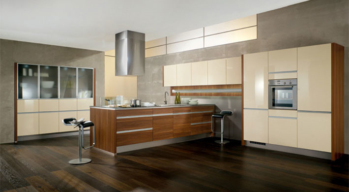 Immagine di una cucina ad ambiente unico moderna con lavello da incasso, ante lisce, ante bianche, top in granito, paraspruzzi grigio, elettrodomestici in acciaio inossidabile e parquet scuro