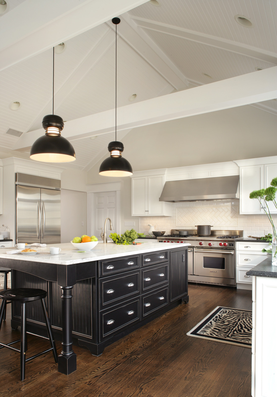 Rustic Kitchen with Painted Black Island - Crystal Cabinets